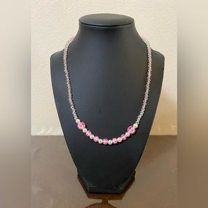 4mm Pink+Clear Crystal Beaded “Happy” necklace/choker with Pearls